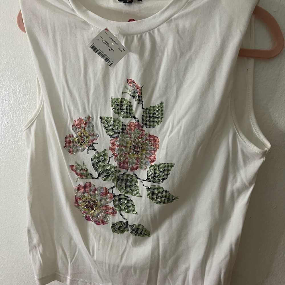 White Sleeveless Tank Top with Floral Design